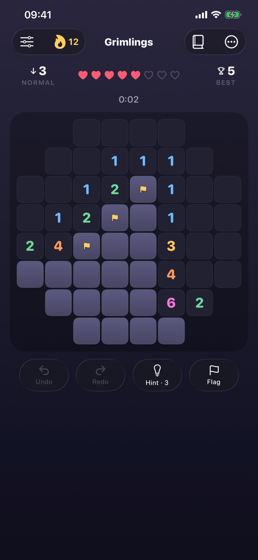 A Grimlings board mid-deduction: fang numbers and flagged tiles
